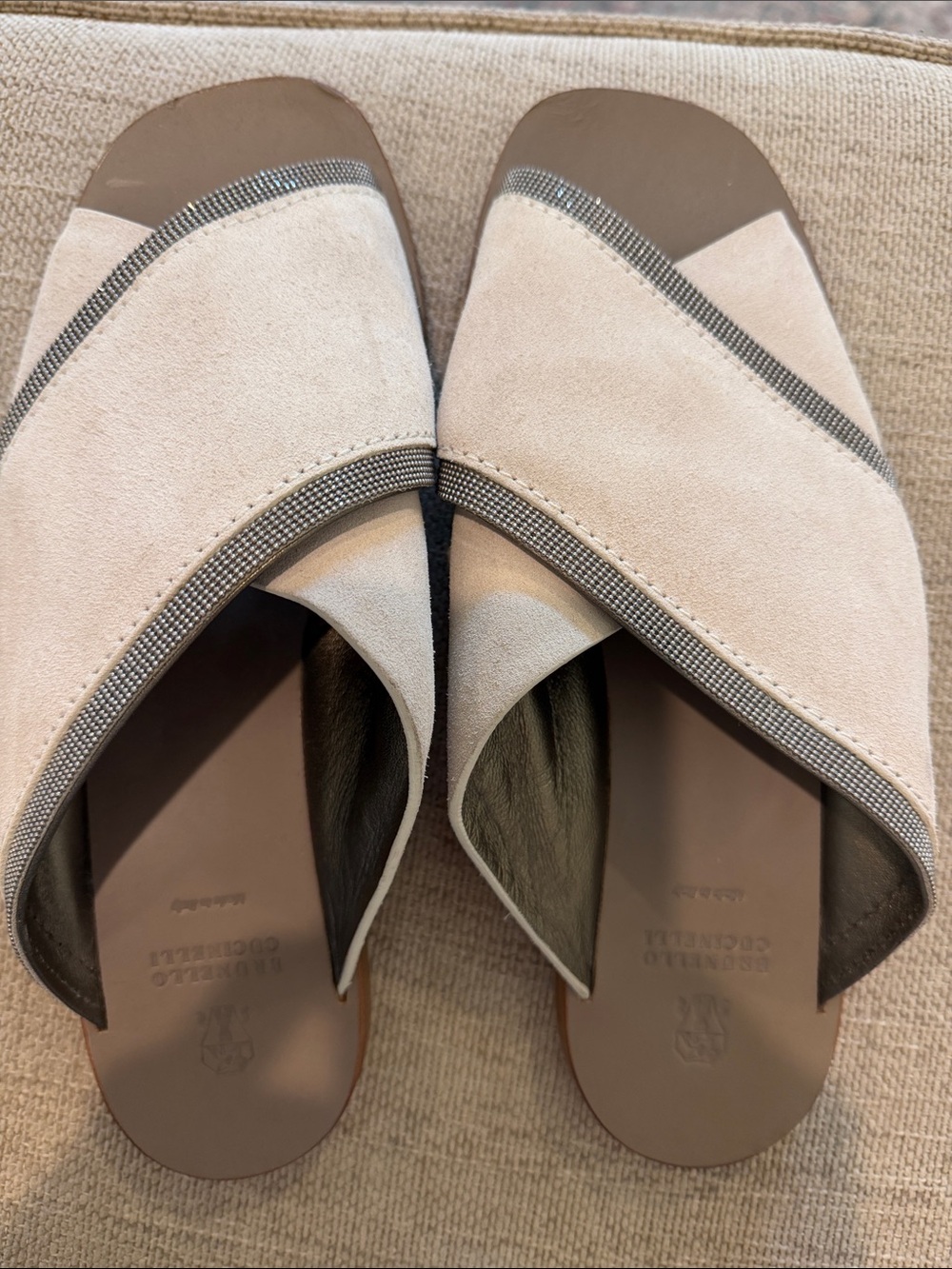 Brunello Cucinelli Beige Suede Crossover Slide Mules
